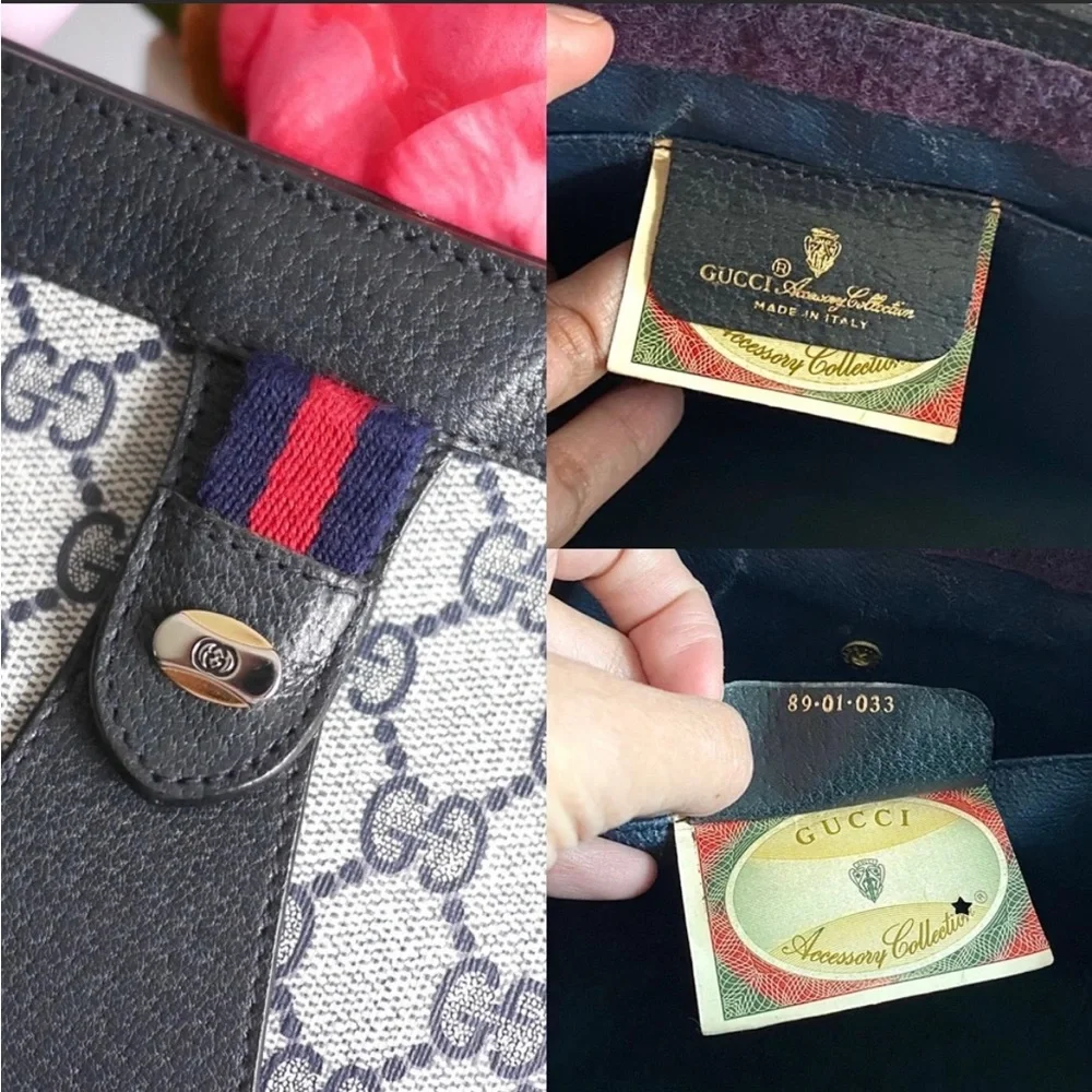 Gucci Beige Navy Monogram Canvas Leather Clutch
